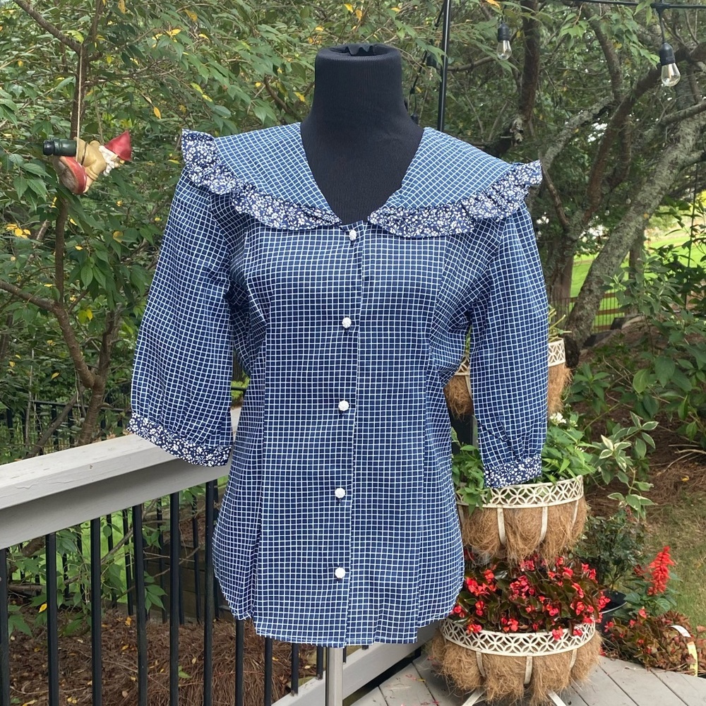 Vintage 80s Cottagecore Big Collar Puff Sleeve Check Ruffle Top Blouse Shirt